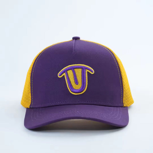 Yellow Outline Logo Purple Trucker Cap Yellow Mesh