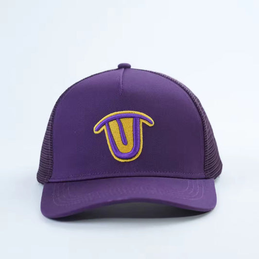 Yellow Outline Logo Purple Trucker Cap