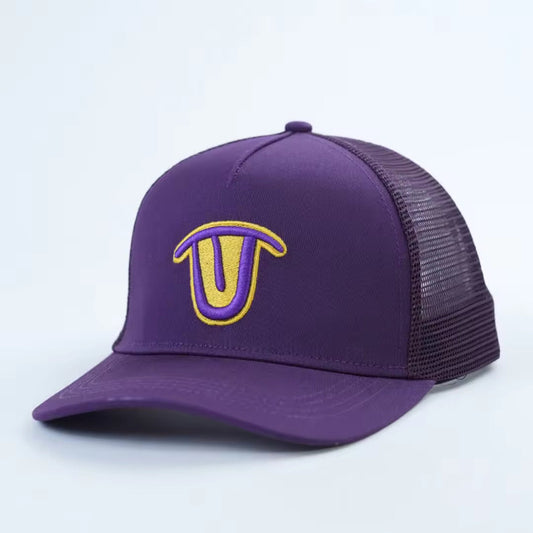 Yellow Outline Logo Purple Trucker Cap