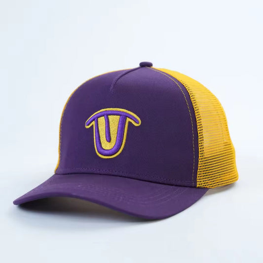 Yellow Outline Logo Purple Trucker Cap Yellow Mesh